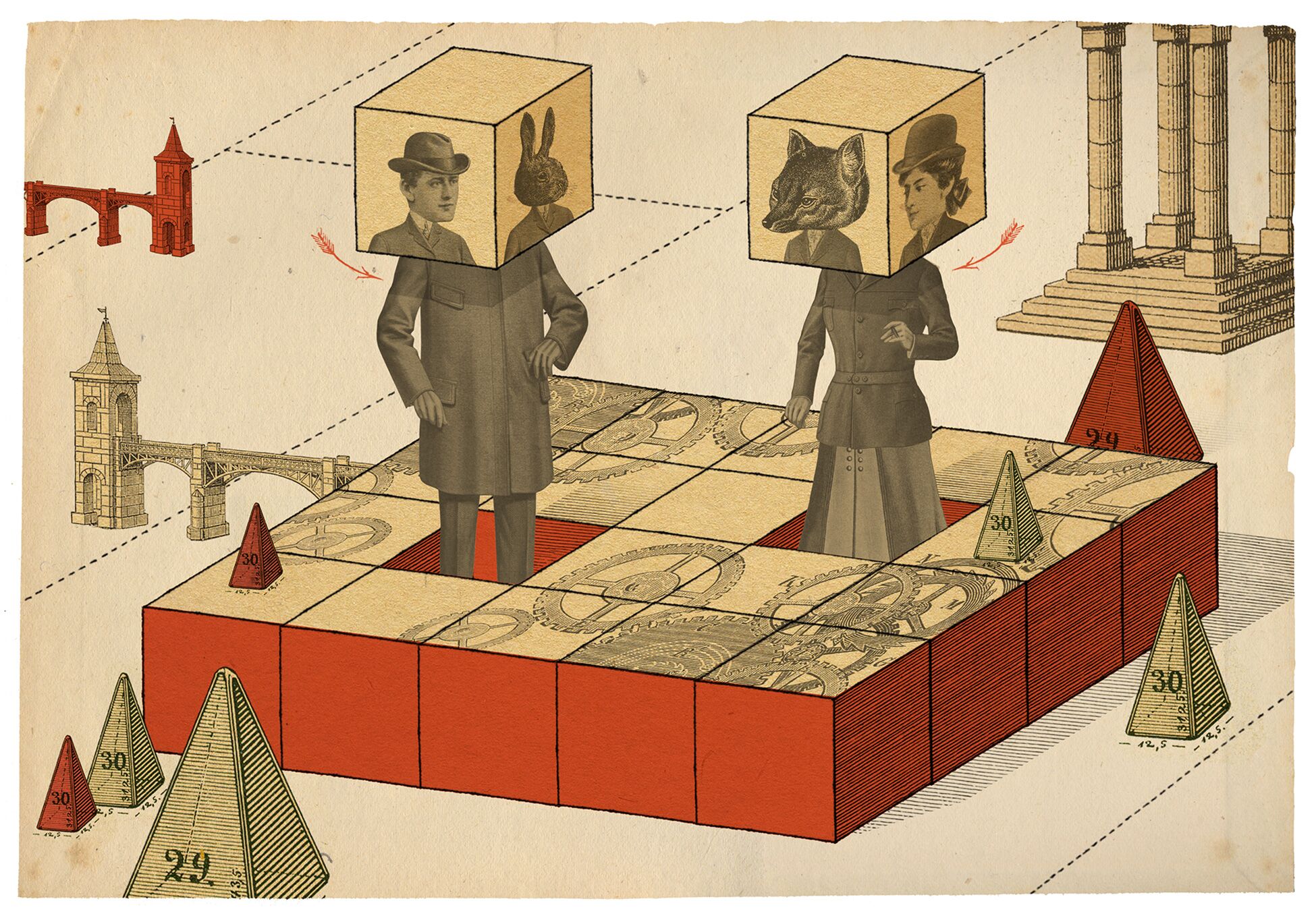 Illustration: Fläche von Würfeln,  zusammengelegt zu einem Puzzle, aus denen zwei Menschen herausschauen